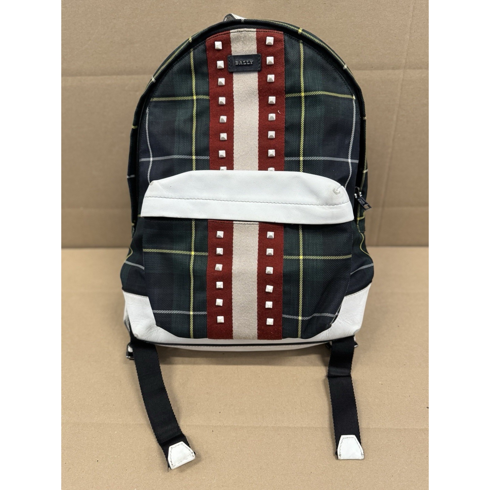 Bally Green Plaid Harper Backpack Studded Leather Multi-Color
